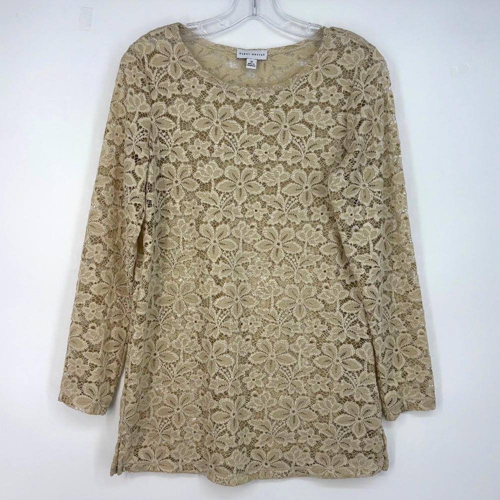 Susan Graver Womens XS Small Pullover Lace Tunic Top Beige Floral Long Sleeves